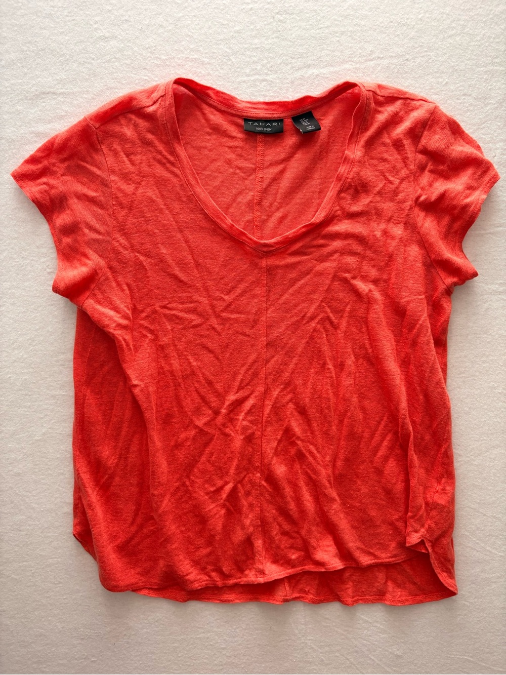 Tahari Linen Coral V-Neck Short Sleeve Tee